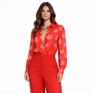 Carolina Herrera Silk Red Poppy Long Sleeve Button Down Top Size 8